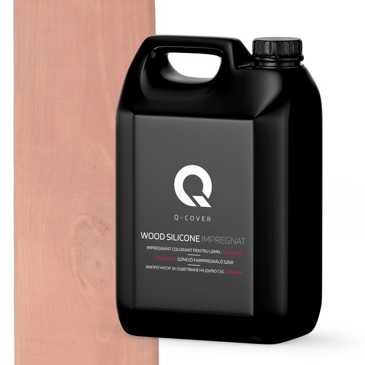 Impregnant colorant pentru lemn, cu silicon, Q-Cover, Somon, pentru interior si exterior, pe baza de apa, prietenos cu mediul, usor de aplicat, foarte eficient, rezistent la murdarie, culori durabile, rezistente la UV, 5L