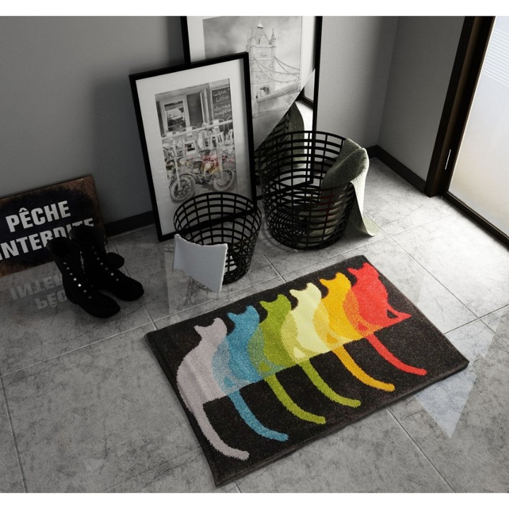 Covor Camera Copii Model Covorexpert Pisici 11096-180, Marime 40 x 60 cm, Multicolor, Lungime Fir 9 mm, Antialergic, Polipropilena, Gradinita, Cresa, Loc de Joaca