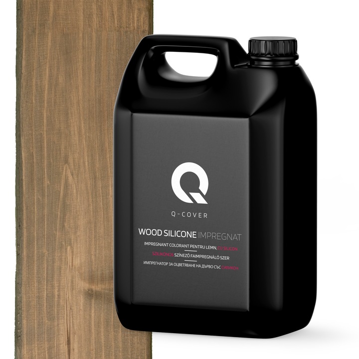 Impregnant colorant pentru lemn, cu silicon, Q-Cover, Maro cu tenta de gri, pentru interior si exterior, pe baza de apa, prietenos cu mediul, usor de aplicat, foarte eficient, rezistent la murdarie, culori durabile, rezistente la UV, 5L