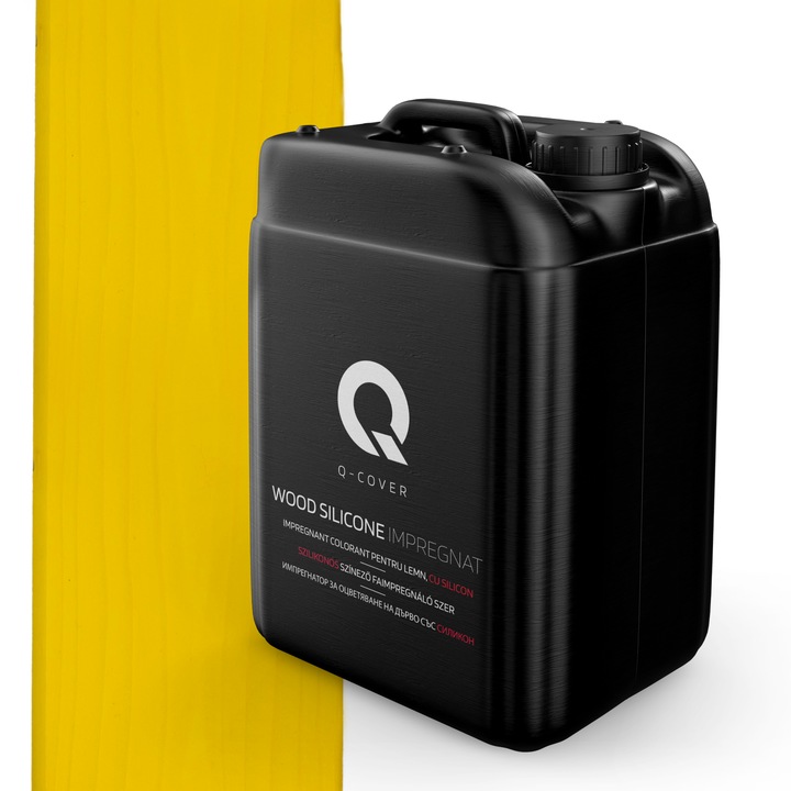 Impregnant colorant pentru lemn, cu silicon, Q-Cover, Galben, pentru interior si exterior, pe baza de apa, prietenos cu mediul, usor de aplicat, foarte eficient, rezistent la murdarie, culori durabile, rezistente la UV, 10L