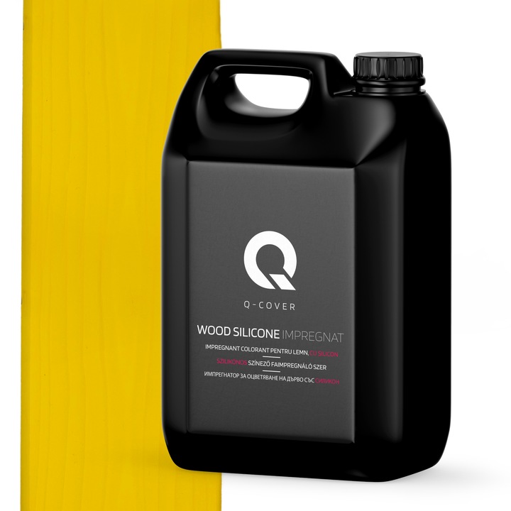 Impregnant colorant pentru lemn, cu silicon, Q-Cover, Galben, pentru interior si exterior, pe baza de apa, prietenos cu mediul, usor de aplicat, foarte eficient, rezistent la murdarie, culori durabile, rezistente la UV, 5L