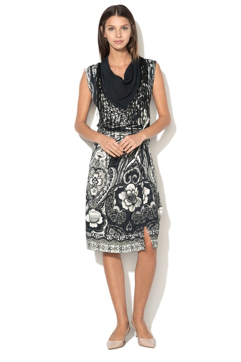 DESIGUAL, Rochie din jerseu cu imprimeu floral Estrella, Negru/Alb, S