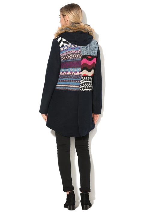 DESIGUAL, Haina cu gluga si garnituri tricotate Sheila, Bleumarin inchis, 40