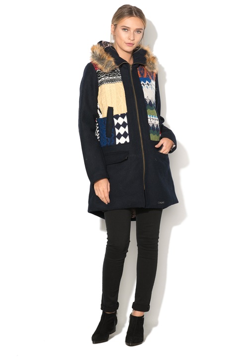 DESIGUAL, Haina cu gluga si garnituri tricotate Sheila, Bleumarin inchis, 40