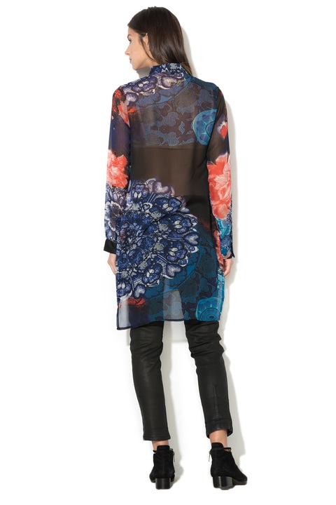DESIGUAL, Camasa transparenta cu model floral Ulrich, Negru/Albastru, S