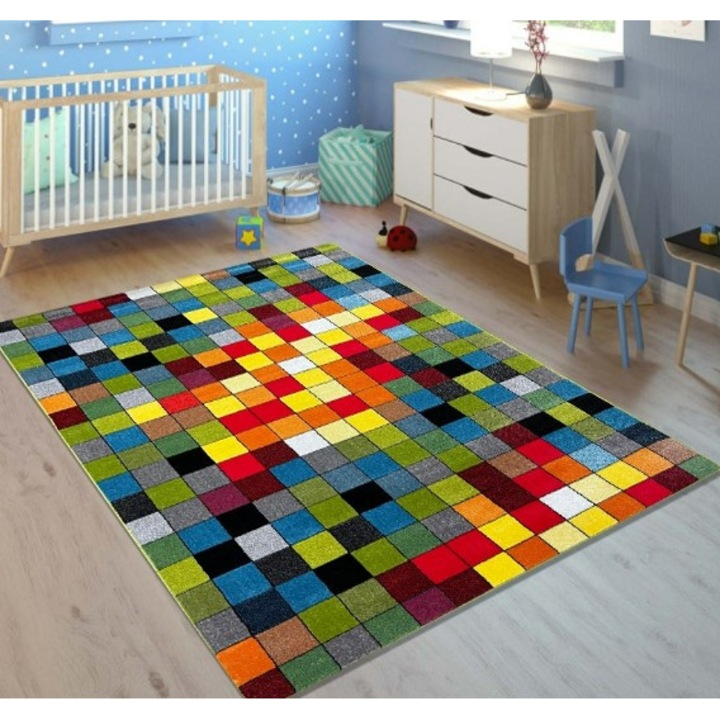 Covor Camera Copii Model Covorexpert Patratele 11161-130, Marime 160 x 230 cm, Multicolor, Lungime Fir 9 mm, Antialergic, Polipropilena, Gradinita, Cresa, Loc de Joaca