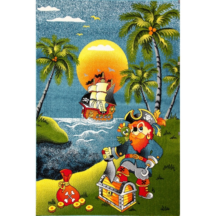 Детски килим Модел Covorexpert Pirates 11059-180, Размер 120 x 170 см, Многоцветен, Дължина на нишката 9 мм, Антиалергичен, Полипропилен, Детска градина, Ясла, Детска площадка