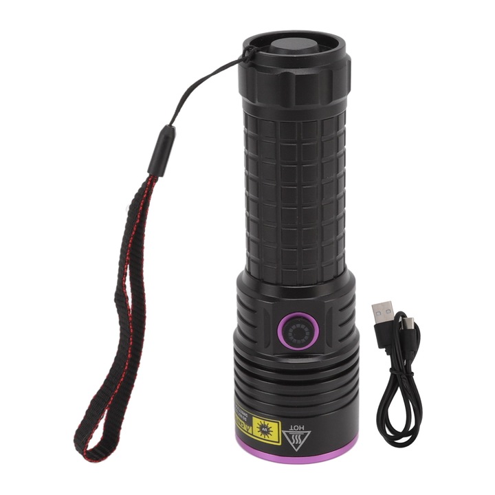 UV 365nm lámpa, alumínium, állítható, ütésálló, vizeletfoltok észlelése, pénz ellenőrzése, skorpióvadászat