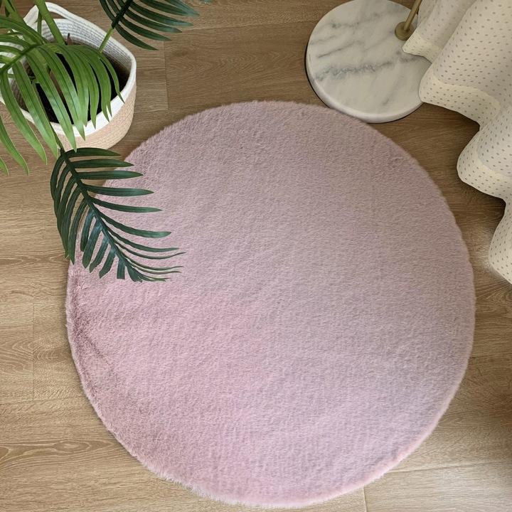 Covor Rotund Premium Belgian Model Covorexpert LOP 020, Marime 100 x 100 cm, Roz, Lungime Fir 23 mm, Antiderapant, Antialergic, Poliester, Living, Dormitor, Sufragerie, Birou 100 x 100