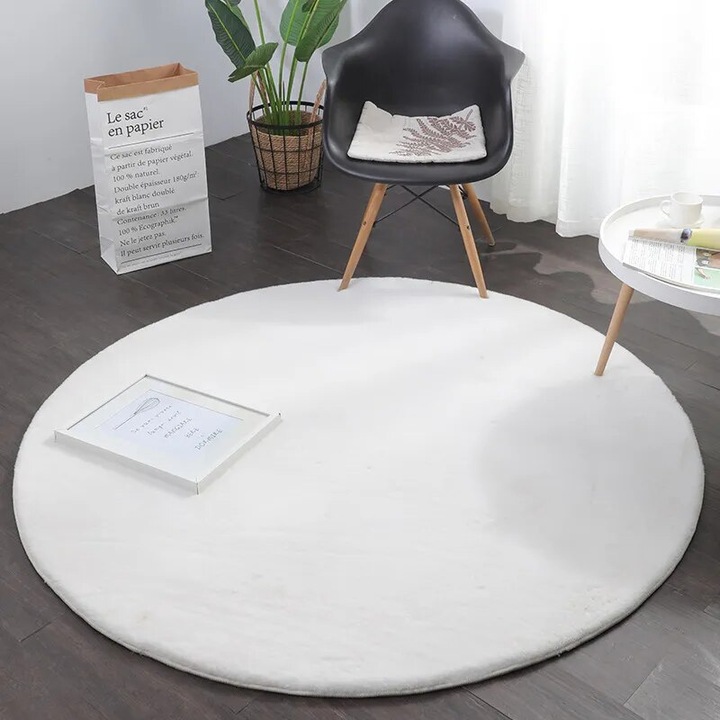 Covor Rotund Premium Belgian Model Covorexpert LOP 060, Marime 80 x 80 cm, Crem, Lungime Fir 23 mm, Antiderapant, Antialergic, Poliester, Living, Dormitor, Sufragerie, Birou 80 x 80