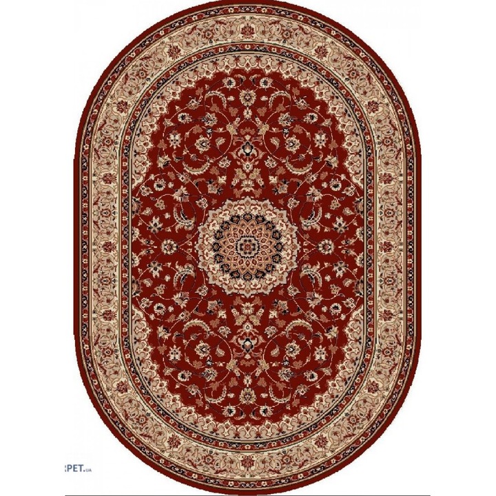 Ovális szőnyeg, Covorexpert Lotos 545-200 modell, Méret 200 x 300 cm, Bézs, Piros, Grenadine, Szálhossz 8 mm, Antiallergén, Polipropilén, Nappali, Hálószoba, Étkező, Iroda