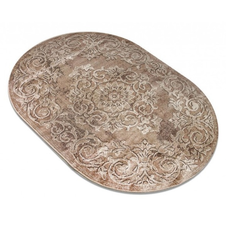 Ovális szőnyeg, Covorexpert Mira 24016-132 modell, méret 80 x 150 cm, barna, szálhossz 6 mm, antiallergén, polipropilén, nappali, hálószoba, étkező, iroda 80 x 150