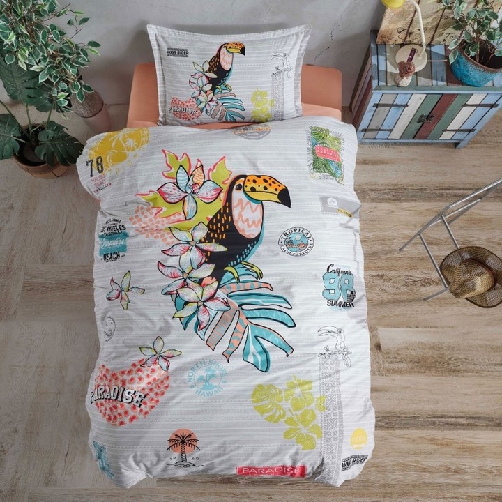 1 személyes ágynemű tukán és trópusi virágokkal, 100% megerősített pamut, 3 db, 180x240 cm, Speciális ágynemű, Paradise
