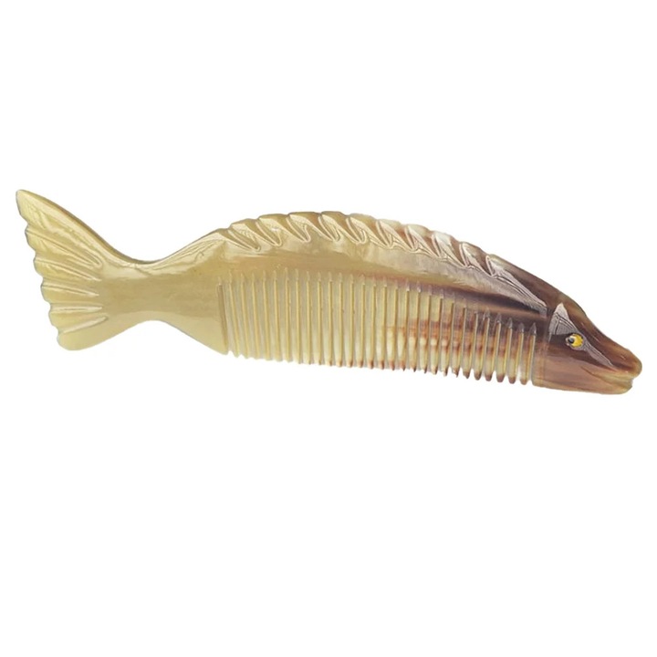 Pieptene natural din corn de bivol, albastru, 18x5x1.5cm