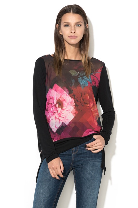 Desigual, Bluza din sifon cu terminatii asimetrice, Negru, M