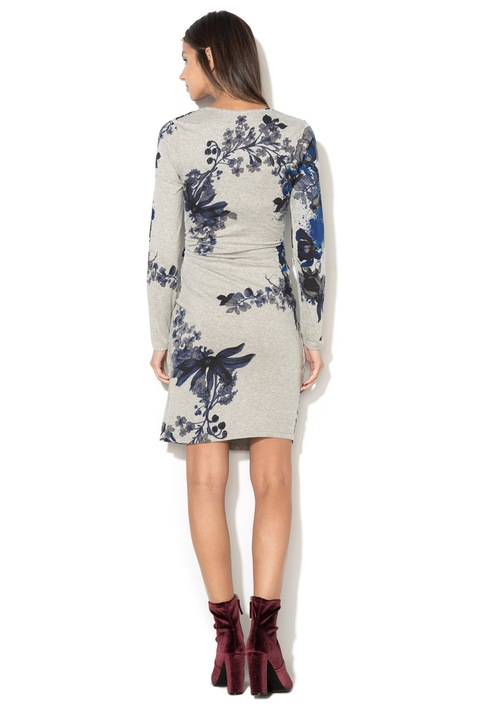 DESIGUAL, Rochie cu maneci lungi, imprimeu si detaliu petrecut, Gri melange, S