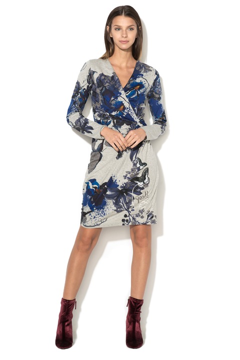 DESIGUAL, Rochie cu maneci lungi, imprimeu si detaliu petrecut, Gri melange, S