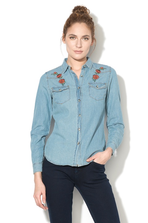 Funky Buddha, Camasa din chambray cu broderii florale, Albastru deschis/Rosu, XS