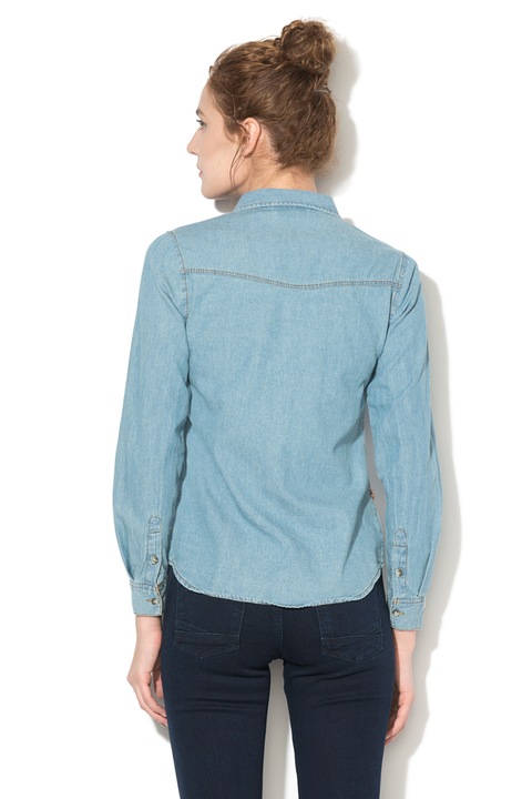 Funky Buddha, Camasa din chambray cu broderii florale, Albastru deschis/Rosu, XS