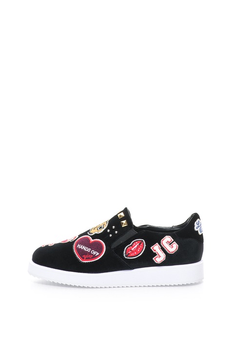 Juicy Couture, Pantofi slip on catifelati cu aplicatii Vela, Negru/Rosu/Galben, 36