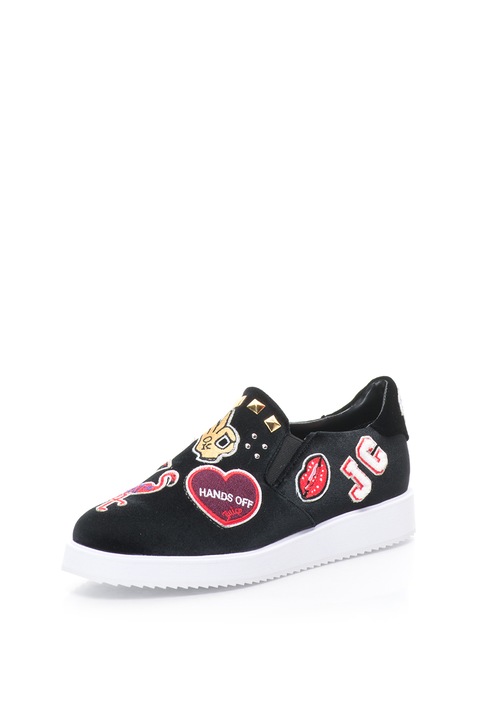 Juicy Couture, Pantofi slip on catifelati cu aplicatii Vela, Negru/Rosu/Galben, 36