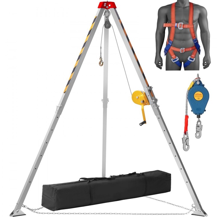 Set de Trepied pentru Spatii Inchise, Troliu 544kg, Inaltime 2.13m, Cablu 29.87m, Rezistenta 10m, Protectie la Cadere, Ham Inclus, Geanta de Depozitare