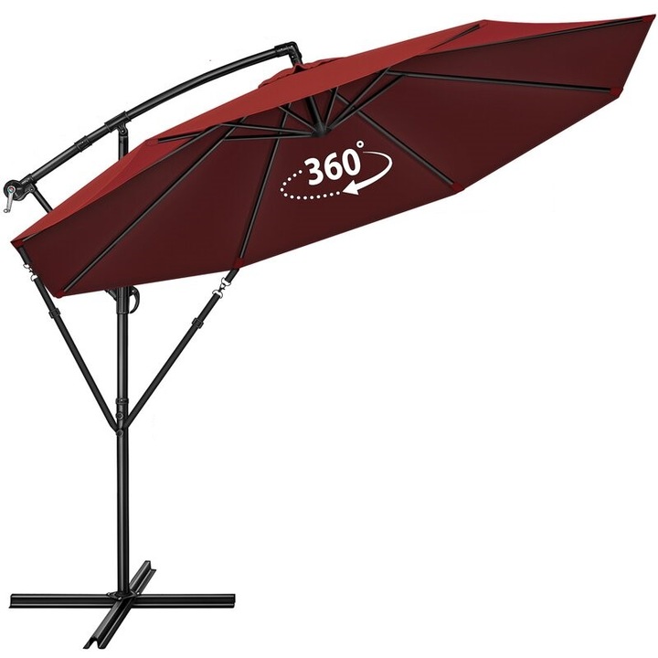 Umbrela pentru gradina si terasa, Tillvex, Ø 350 cm, husa, protectie UV 50+, 8 spite, rotatie 360°, inclinare reglabila, tesatura 180 g/m², rosu