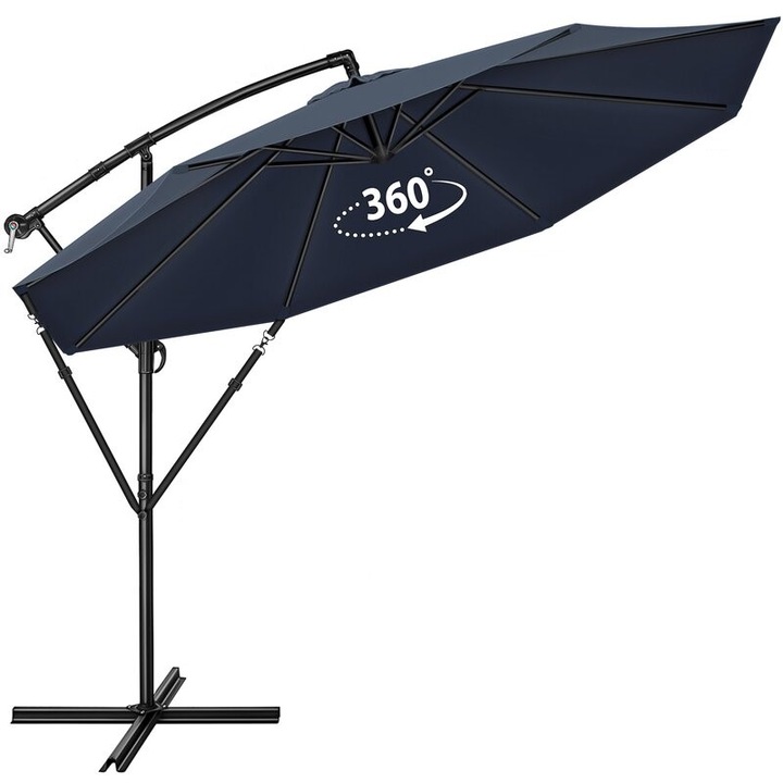 Umbrela pentru gradina si terasa, Tillvex, Ø 350 cm, husa, protectie UV 50+, 8 spite, rotatie 360°, inclinare reglabila, tesatura 180 g/m², albastru