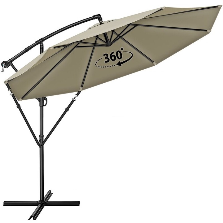 Umbrela pentru gradina si terasa, Tillvex, Ø 350 cm, husa, protectie UV 50+, 8 spite, rotatie 360°, inclinare reglabila, tesatura 180 g/m², crem inchis
