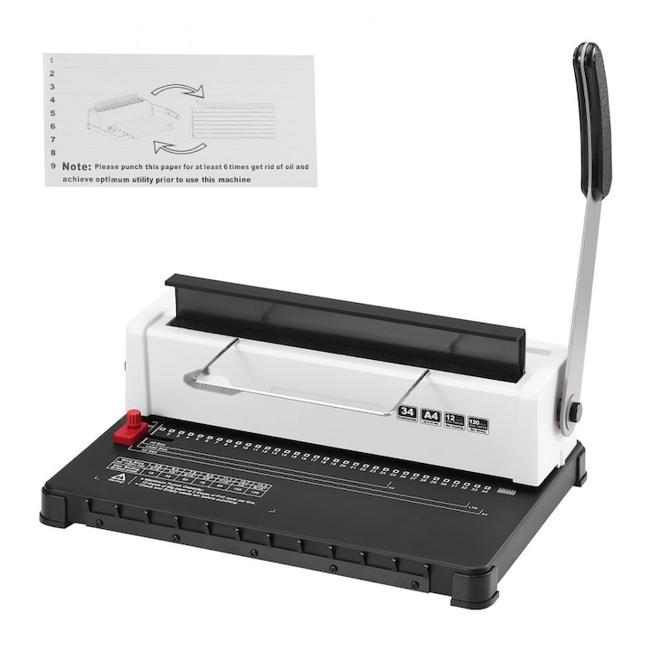 Masina de legare in spirala manuala, 34 gauri, capacitate 120 coli, perforare ajustabila 3/16-9/16, compatibila A4, A5, pentru documente/prezentari