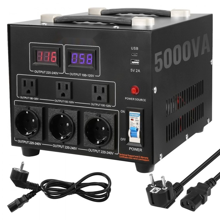 Трансформатор за преобразуване на напрежение, 5000 W, повишаващ/намаляващ, 110V/220V, щепсел за САЩ и ЕС, 5V USB порт, CE сертификат