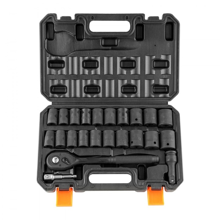 Set prize cu impact, antrenare 1/2, 23 bucati SAE si metric, otel aliat Cr-V, 6 puncte, maner cu clichet, Carcasa robusta pentru depozitare