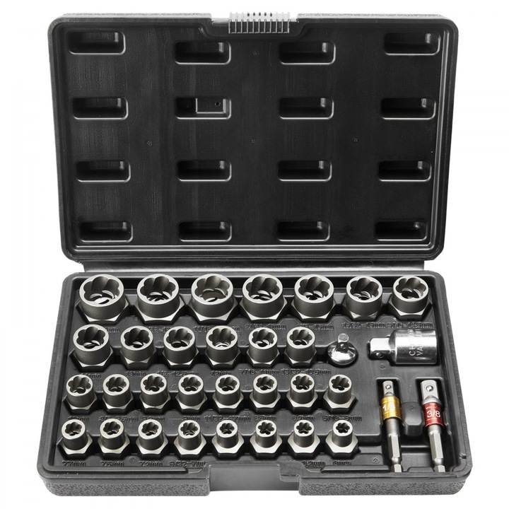 Set extractie suruburi, 29 bucati, pentru indepartarea suruburilor si piulitelor, 6-10 mm, 13/32-3/4 inch, otel CR-MO, cu carcasa depozitare, pentru suruburi deteriorate si ruginite