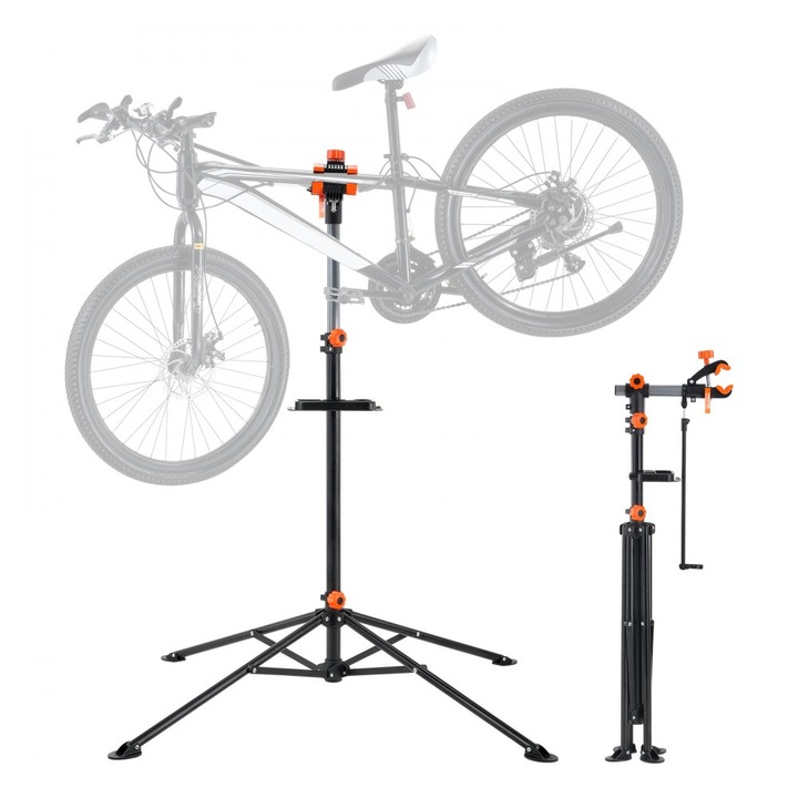 Suport reparare bicicleta, otel rezistent, capacitate 36.28 kg, inaltime reglabila, tava magnetica pentru instrumente, brat telescopic, suport pliabil, ideal pentru casa si magazine
