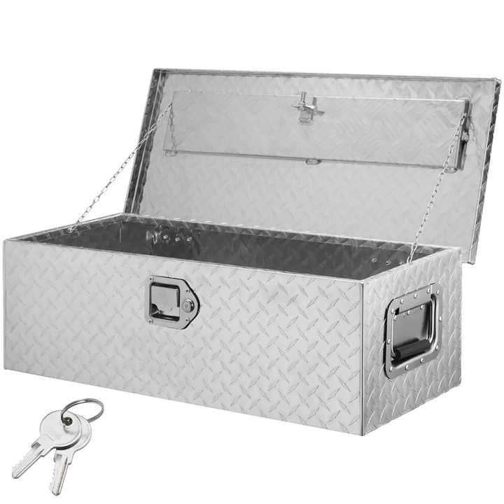 Cutie Scule Aluminiu, pentru Camion, Rezistenta, Placi Diamantate, Maner Lateral, Organizare Depozitare Pick-up, Dimensiuni 76.2x33x24.4 cm, Argintiu