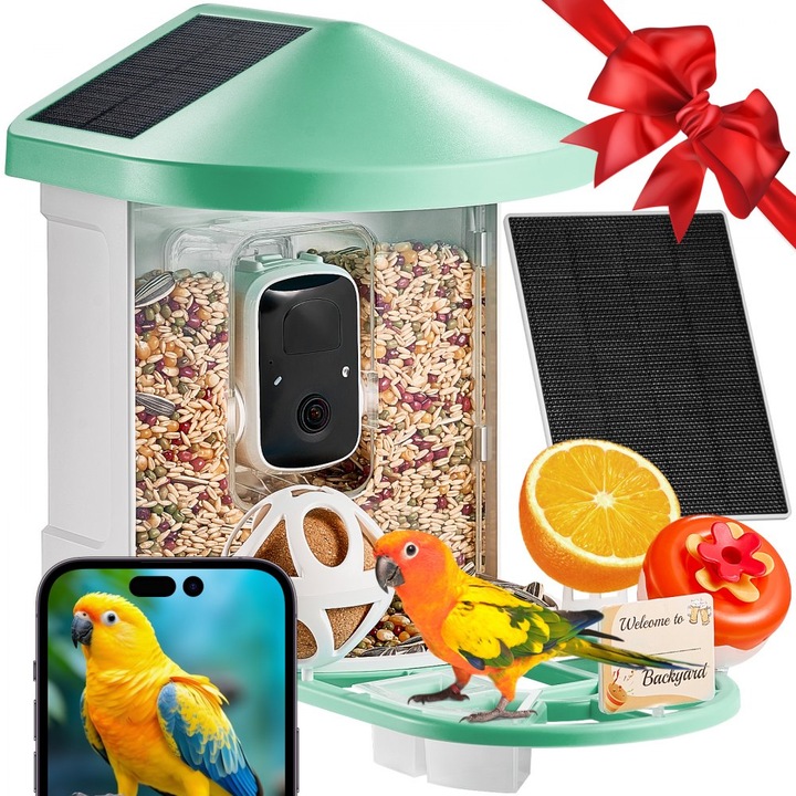 Camera de hranire pentru pasari, Statie alimentare, Distribuitor automat de hrana, Echipata cu 3 Panouri Solare, Design Compact, Culoare Verde