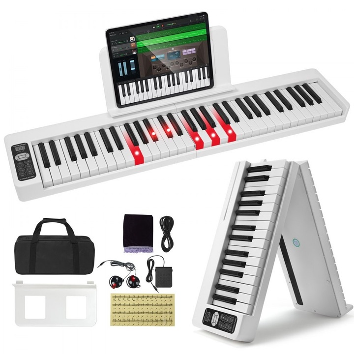 Tastatura Pliabila pentru Pian, 61 Clape, Portabila, cu Bluetooth, MIDI, Culoare Alba