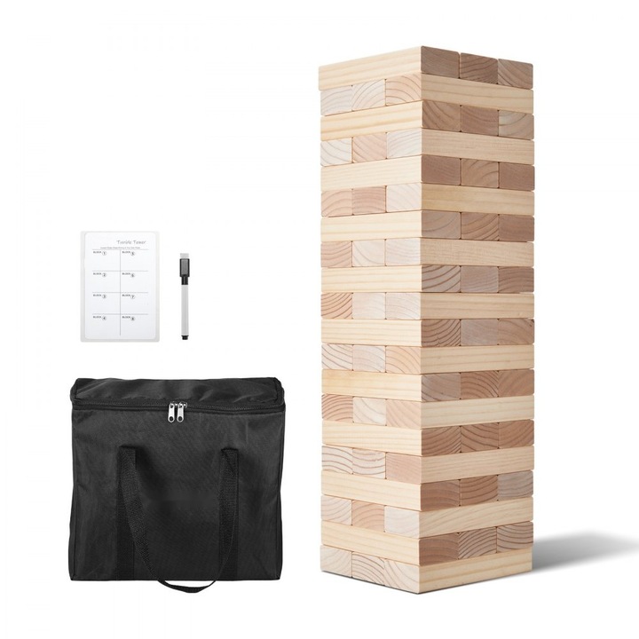 Joc Tumbling Timber Gigant, 60 Blocuri din Lemn de Pin, Geanta Inclusa, Tip Turn Caldator, Jucarie Educativa