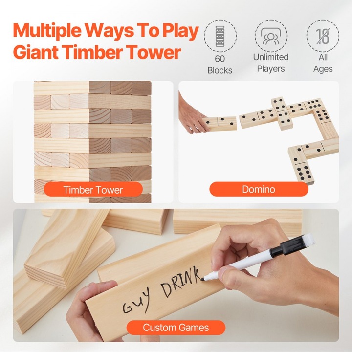 Joc Tumbling Timber Gigant, 60 Blocuri din Lemn de Pin, Geanta Inclusa, Tip Turn Caldator, Jucarie Educativa