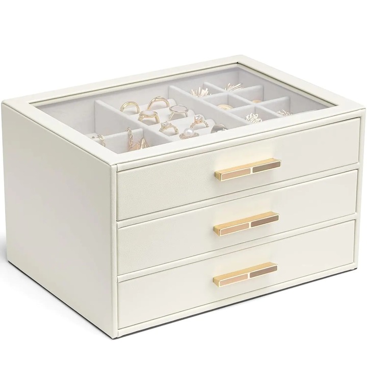 Cutie de Bijuterii Elindor® Organizator pe 3 Nivele, Sertar x3, Spatiu de Depozitare pentru Inel, Verighete, Lantisoare, Bratari, Cercei, Caseta cu Design Rafinat, Simplu si Elegant, Piele Ecologica Alba, 25x18x15 cm