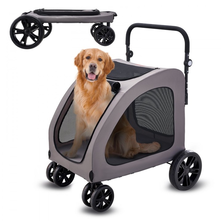 Carucior pentru Animale de Companie, Model 4 Roti, Capacitate 72 Kg, Portabil, Ideal pentru Caini