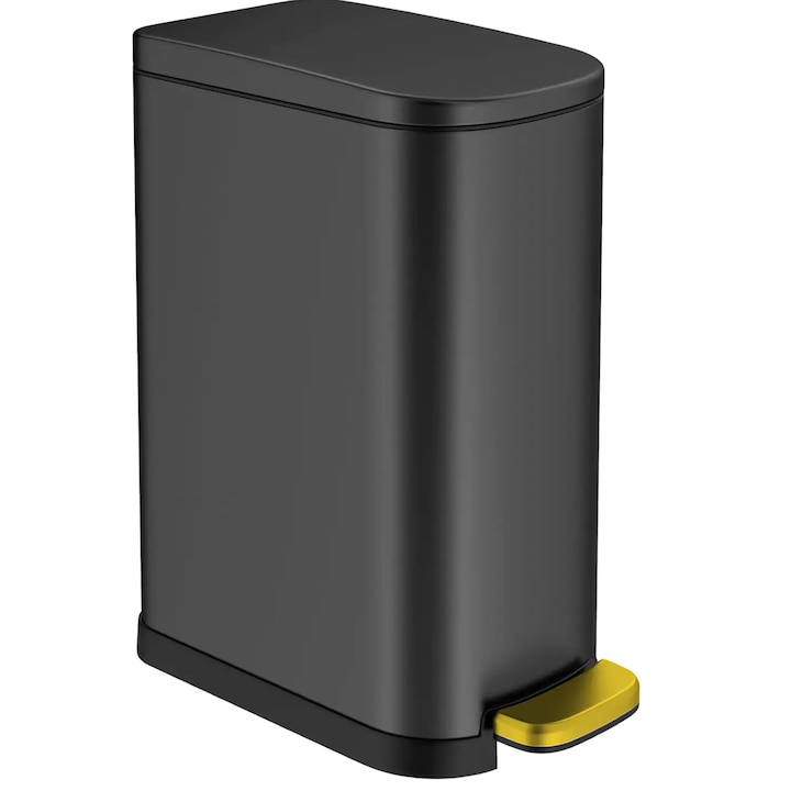 Кошче за боклук Elindor® с педал и безшумен капак, 10 литра, тънко, стоманено, компактно и модерен дизайн с подвижна кофа и отвор за торба за баня, офис или спалня, черно