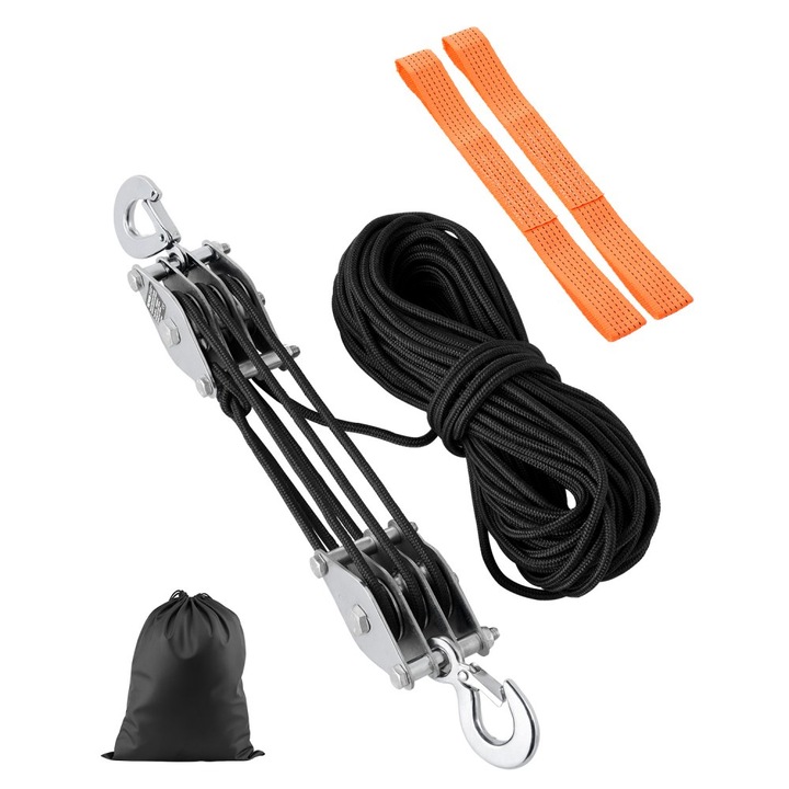 Roata de Ridicare cu Franghie, 30.5m, Bloc cu Roti & Extractor, Raport 5:1, Capacitate 2000 kg, Include Frana