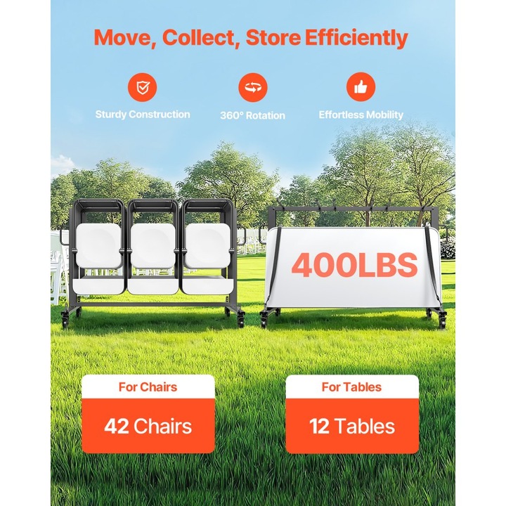 Сгъваема количка за столове/маси, капацитет 42 стола/12 маси, товароносимост 181 кг, здрави колела, черен цвят