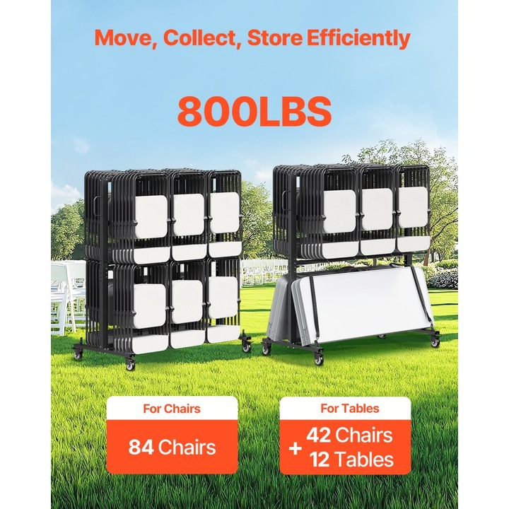 Сгъваема количка за транспортиране на столове, капацитет 84 стола/12 маси, допълнителни 42 стола, якост 800 фунта, издръжливи материали