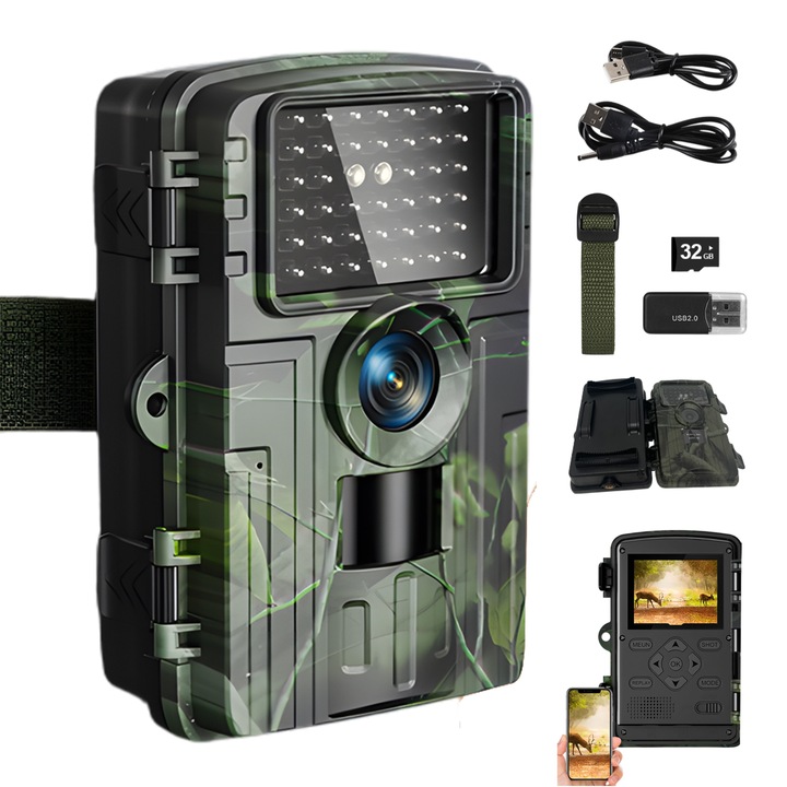 Camera de vanatoare, 4K, 60MP, WiFi, senzor de miscare, viziune nocturna, 120° unghi, impermeabil IP66, set cu card de memorie 32G