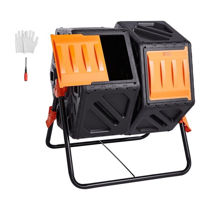 Cos de compost, model cu doua camere, capacitate 37 gal, mecanism rotativ, 2 usi glisante, cadru de otel, ideal pentru gradina/bucatarie