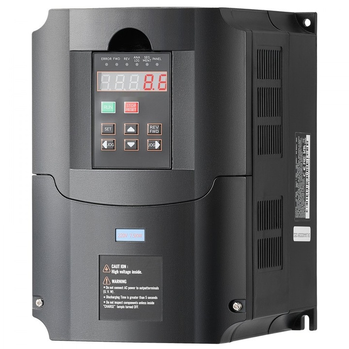Convertizor de frecventa VFD 10 CP, putere 7, 5 KW, intensitate 35 amperi, tensiune 220 V, intrare 1 sau 3 faze, iesire 3 faze, frecventa 0-400 Hz