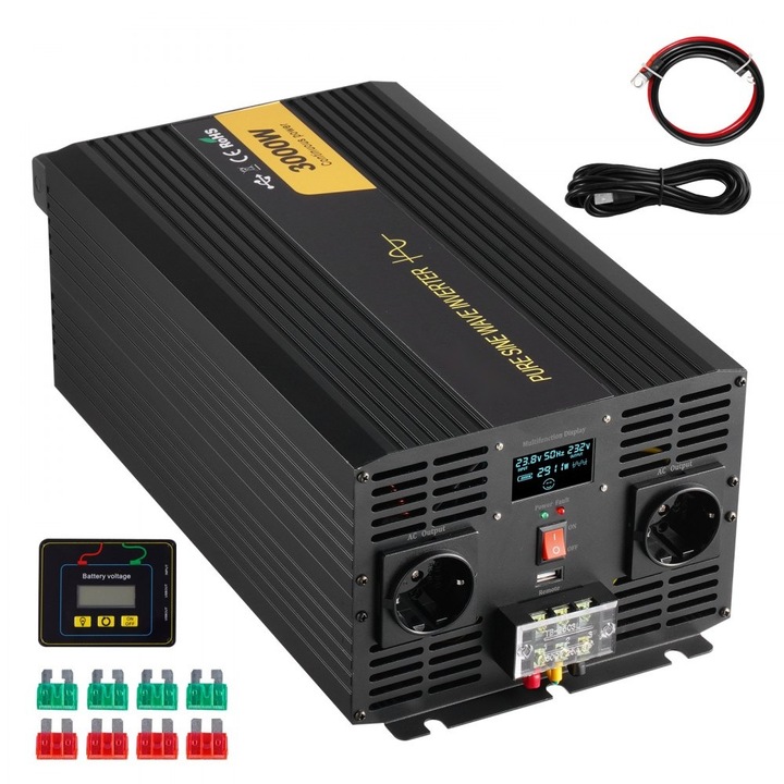 Инвертор с чиста синусоида, мощност 3000W, преобразуване на DC24V към AC230V, LCD дисплей, висока мощност
