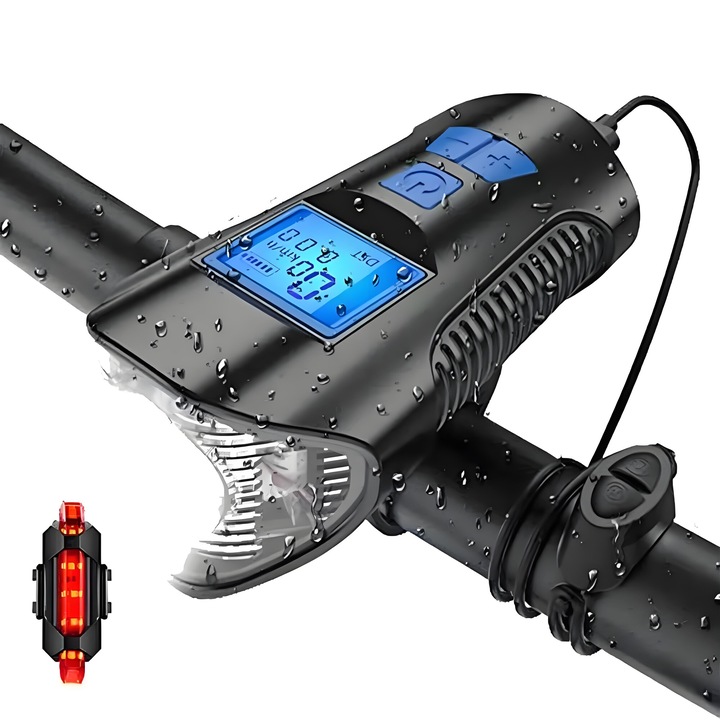 Kerékpár computer fényszóróval és kürttel, 500 lumen, 4 világítási mód, USB-n tölthető